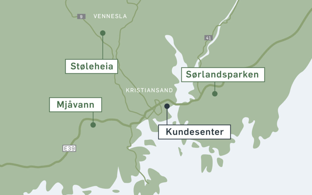 Kart som viser lokasjon for Avfall Sørs gjenvinningsstasjoner og kundesenter.