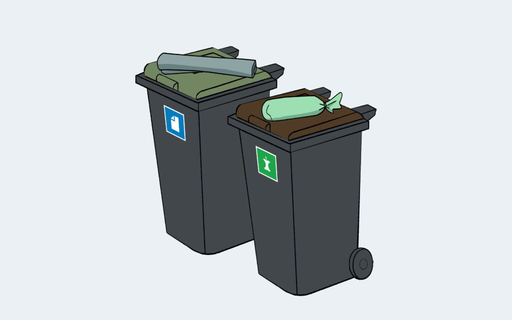 Illustrasjon av bioavfallsdunk med rull med bioposer oppå, samt en dunk for papp og papir med rull med plastsekker oppå.