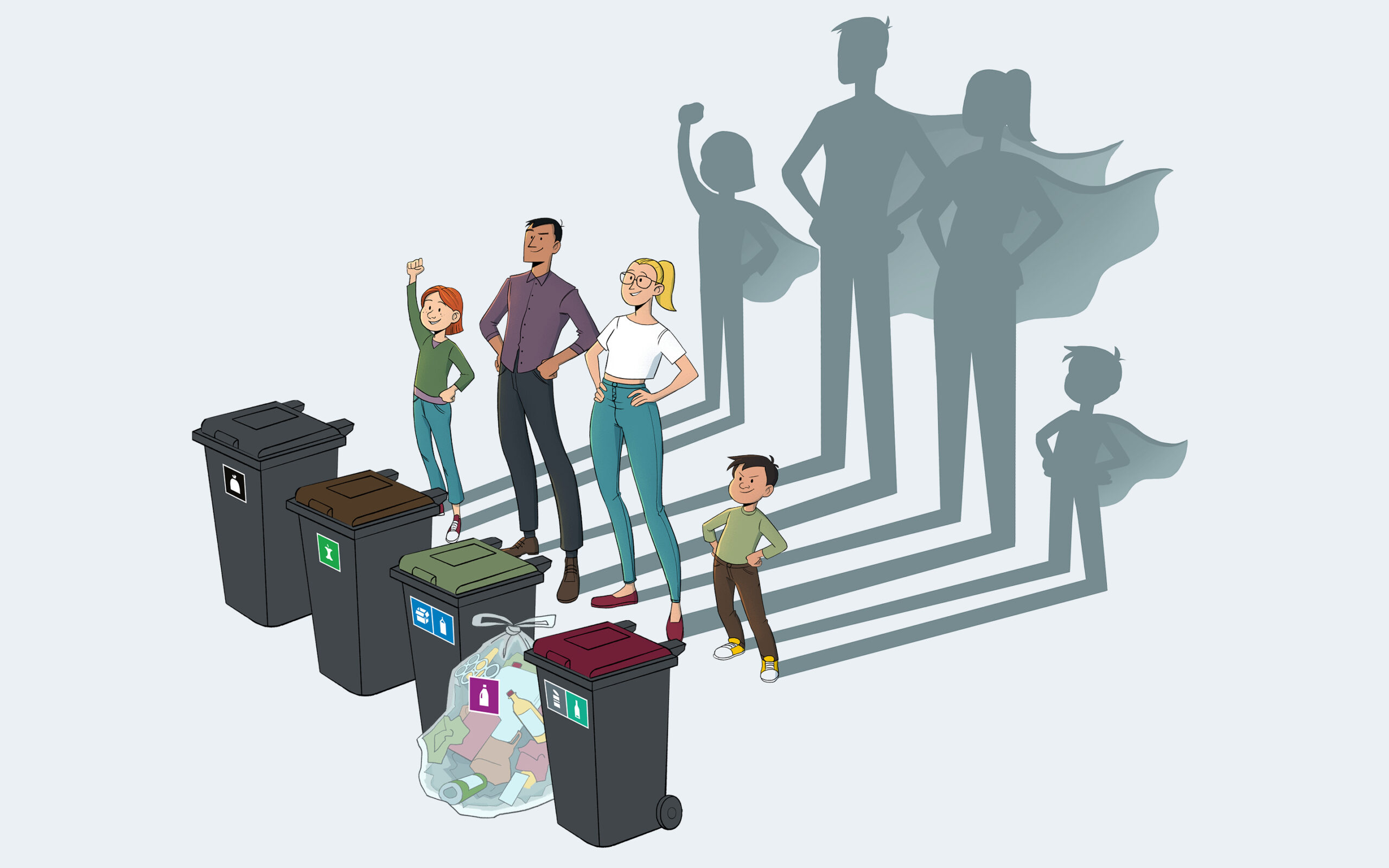 Illustrasjon av familie foran avfallsdunker og plastsekk. Skyggen til familien viser at de har helte-kapper på.