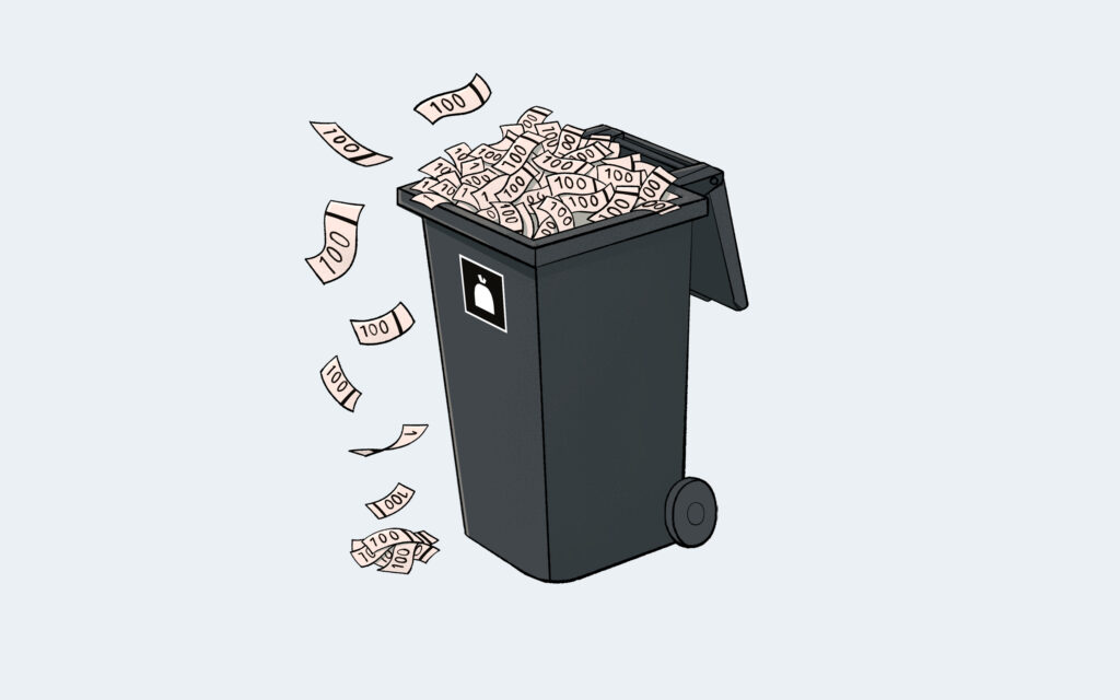Illustrasjon av restavfallsdunk hvor masse 100 kroners sedler faller ut.