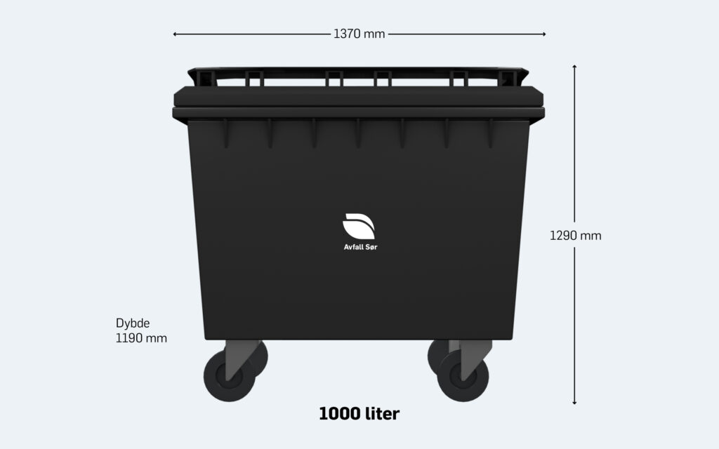 Illustrasjon av 1000 liters restavfallsdunken med dimensjoner/mål.