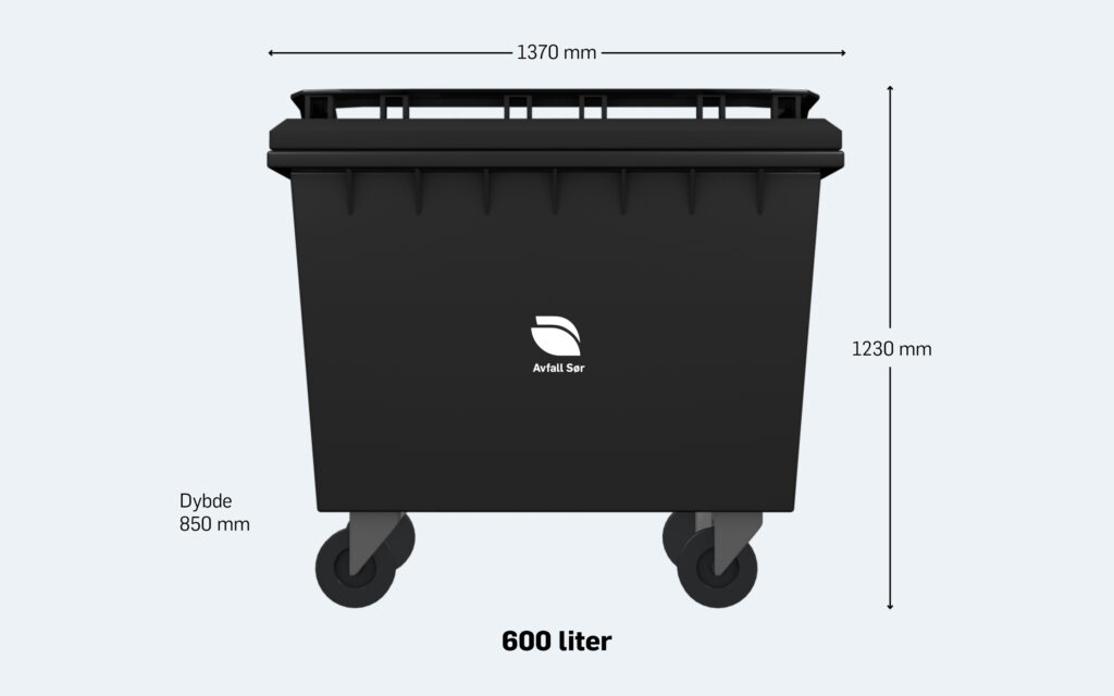 Illustrasjon av 600 liters restavfallsdunken med dimensjoner/mål.
