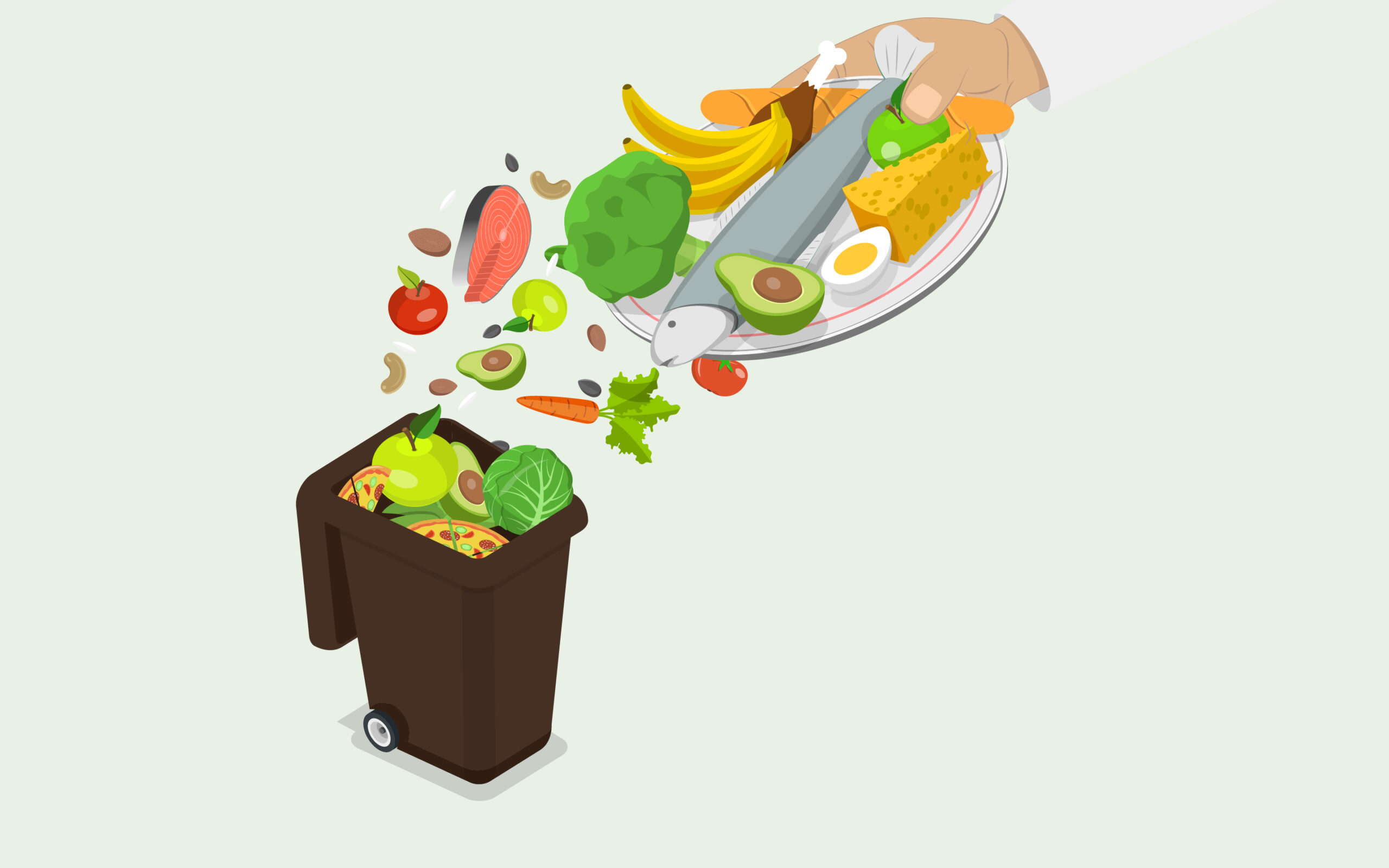 Illustrasjon av spiselig matavfall som kastes i dunk for bioavfall.
