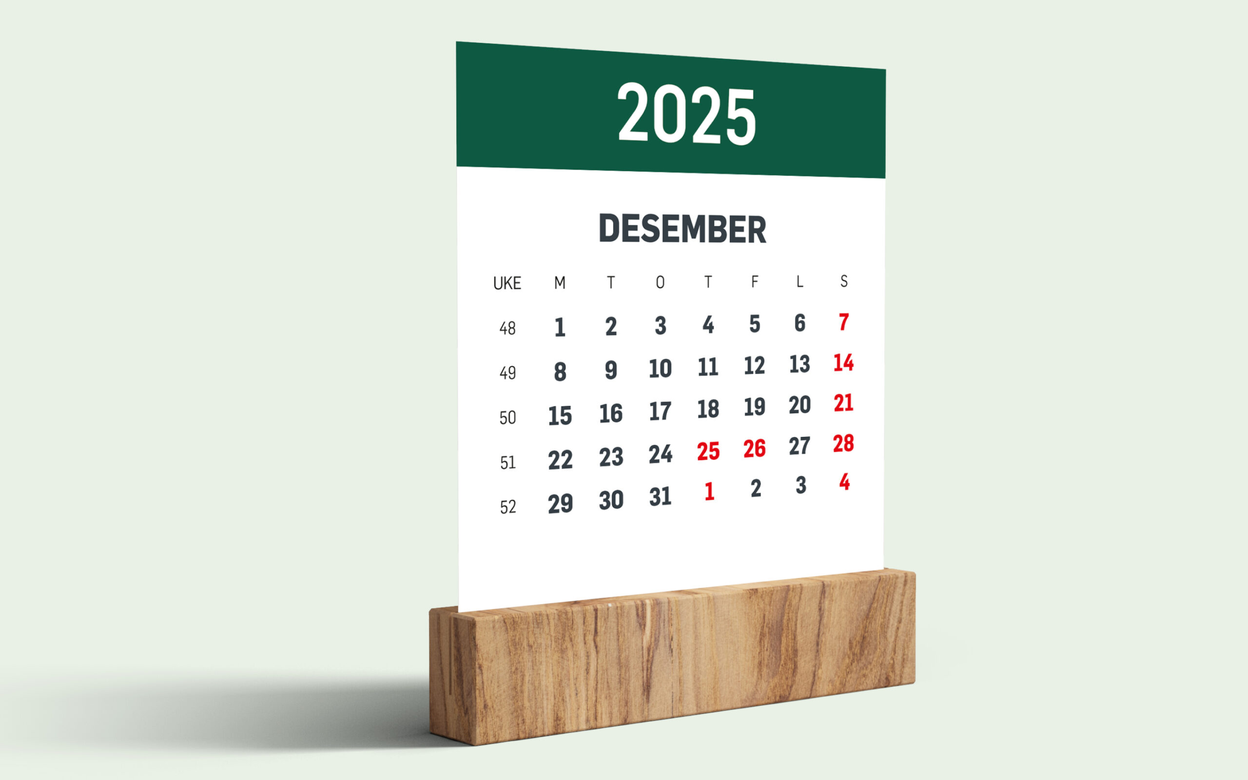 Kalender med helligdager for desember 2025,
