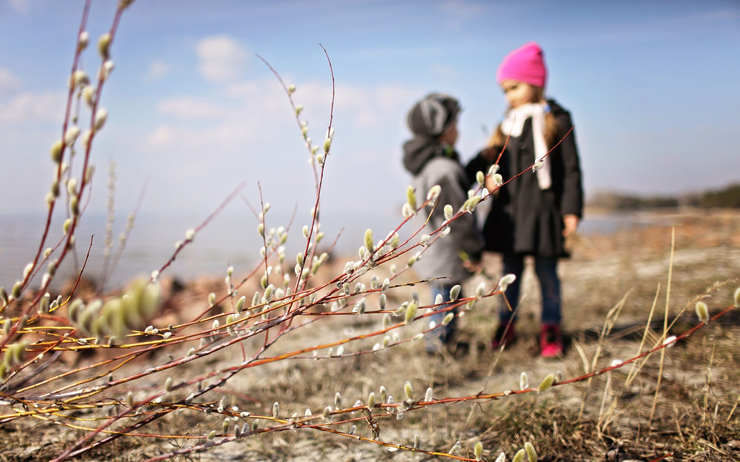 To barn som nyter vår-/påskeværet. I forgrunnen er det gåsunger, i bakgrunnen blå himmel og hav.