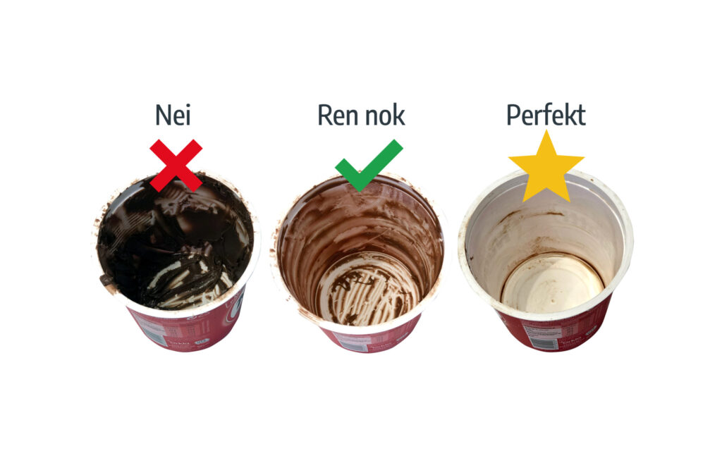 Eksempel på når emballasjen er ren nok, vist med en nugattiboks som er delvis full, nesten tom og helt tom. Den midterste er riktig, selv om det er er noen rester igjen i boksen.